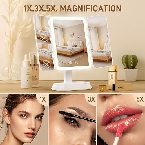 FRANO Vanity Mirror with Lights - Rechargeable Lighted Makeup Mirror | 1X/3X/5X Magnification, Smart Touch, 3 Colors Dimmable | Portable Trifold Mirror for Travel - Valentines Day Gifts for Her thumbnail 3