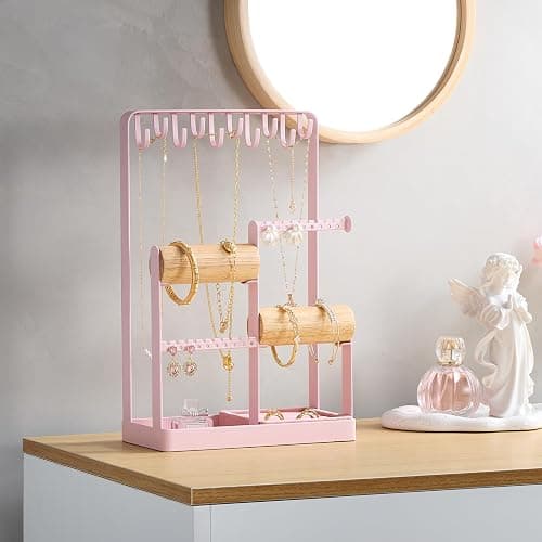 Lolalet Jewelry Holder Organizer, Aesthetic Jewelry Display Stand for Necklaces Bracelets Earrings Rings, Cute Room Décor for Teen Girls Women -Pink thumbnail 5