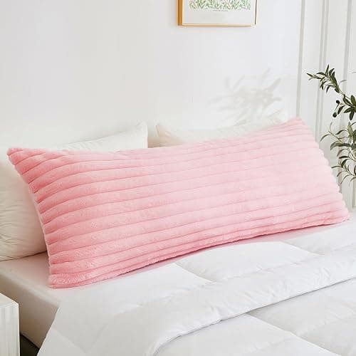 Memfydu Full Body Pillow with Fluffy Stripe Faux Fur Removable Cover, Long Bed Pillow Adult 20x54 Inches for Side Sleeper and Pregnancy, Pink. thumbnail 4