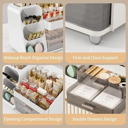 Makeup Organizer for Vanity,Vanity Organizer with Drawers and Brush Holder,Bathroom Make Up Organizer Countertop,Large Cosmetic Organizer for Skincare, Perfume,Lipsticks,Nail Polish (White) thumbnail 5