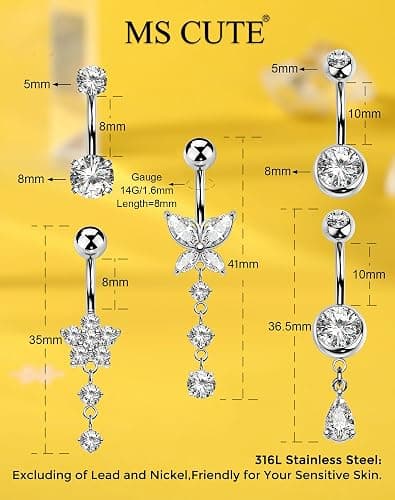 MS CUTE 5PCS Belly Button Rings for Women 14G Dangle Navel Piercing Jewelry Set Surgical Stainless Steel Body Jewelry with CZ Butterfly Flower Teardrop Barbell for Beach Festival Daily thumbnail 8