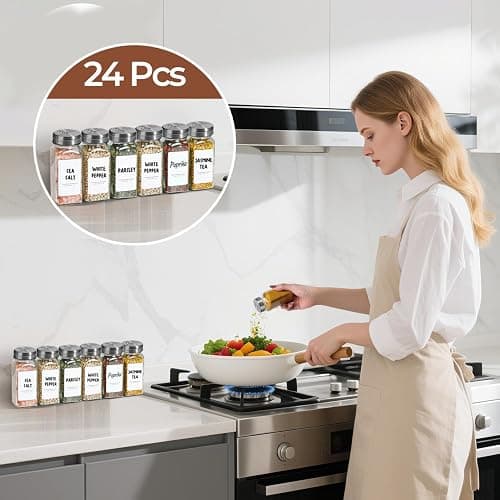 ComSaf Spice Jars with Lids & Labels 24 Pack, 120ml Square Small Glass Spice Containers with Adjustable Stainless Steel Shaker Tops & Funnel, Herb Jars Seasoning Jars for Rack, Drawer, Organiser thumbnail 2
