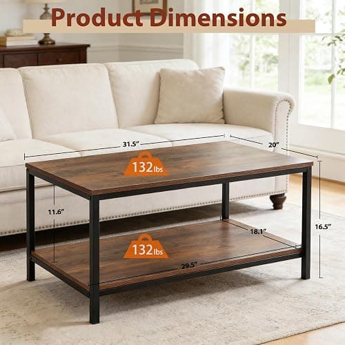 SUPER DEAL 2-Tier Industrial Coffee Table with Storage Shelf for Small Apartment Living Room, Rectangle Wood and Stable Metal TV Stand Side End Table, Rustic Brown thumbnail 3
