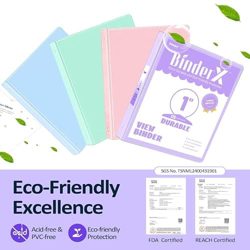 BinderX Extra Durable 3 Ring Binder, Round Ring 1 Inch Binders, Fits 175 Sheets of 8.5x11 Paper, Customizable View Cover with Inside Pockets, Cute 1" Binder, School Supplies for Girls, Green thumbnail 3