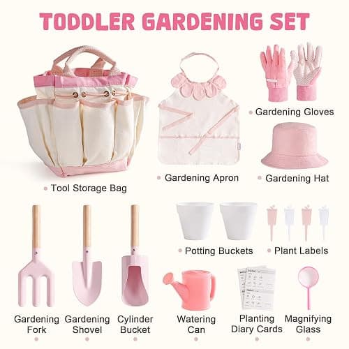 ROBOTIME Kids Gardening Set, 17PCS Kids Gardening Tools for Girls, Toddler Gardening Set with Hat, Apron, Gloves, Watering Can & Tool Bag – Outdoor Garden Toy Kit (Pink) thumbnail 3