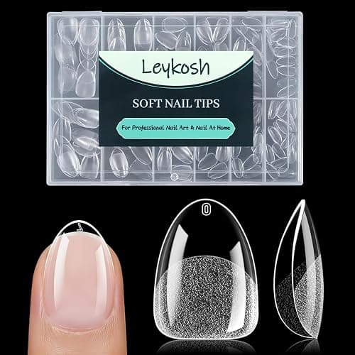 LEYKOSH Extra Short Almond Nail Tips - 216pcs Soft Gel Full Cover Fake Nails, 70-Grit Pre-Sanded Matte Clear Press on Nails for Extension, DIY Home Manicure with 12 Sizes - Image 1