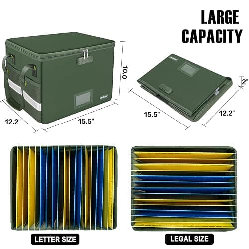ENGPOW File Box with Lock, Fireproof Document Box with Zipper Lid, Collapsible File Storage Organizer Filing Cabinet with Handle, Portable Home Office Safe for Hanging Letter/Legal Folders, Green thumbnail 2