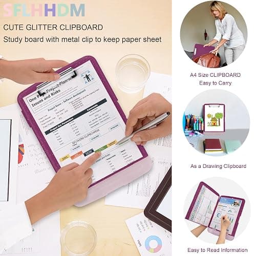 Glitter Clipboard with Storage,Storage Clipboard with Pen Holder,A4 Binder Clip Boards 8.5x11 with Low Profile Clip,Side Opening Sparkle Clipboards,Clipboards Folder for Office Supplies-Purple Alfalfa thumbnail 7