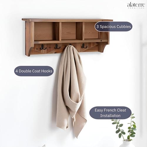 Renew Solid Wood Wall Mounted Coat Hook, Storage, 3 Cubbies, 4 Double Hooks, Natural Brown Finish, Easy Installation, French Cleat, Ideal for Entryway Organization, 36 in. W x 9 in. D x 14 in. H thumbnail 4