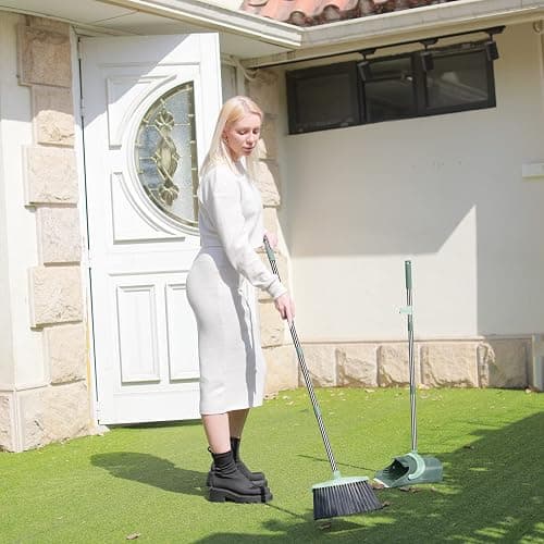 Broom and Dustpan Set for Home, Dust pan with Long Handle, Broom with Dustpan Combo Set, for Home Kitchen Room Office Lobby Floor Use Upright Stand Up Sweeping (Gray&Green) thumbnail 2