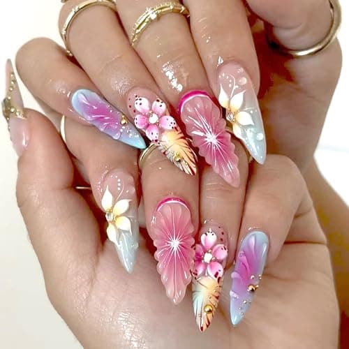 24Pcs Handmade Almond Press on Nails Fake Nails 3D ice Flower Stripes False Nails with Pink Gradient Gold Beads Designs Glitter Rhinestones Nails French False Stick on Nail for Women DIY Tips - Image 1