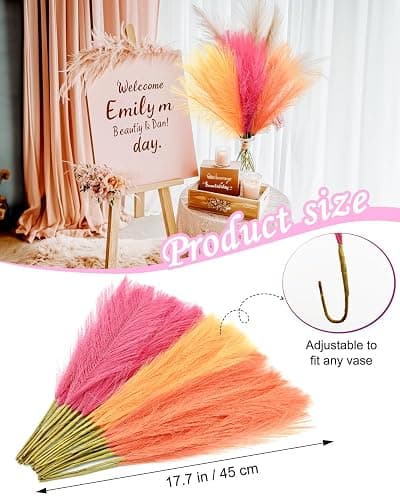 Veneloo 30pcs Faux Pampas Grass Pink Orange Fall Decor, 17.7inch Short Artificial Pompous Grass Fluffy Fake Pompas Branches Vase Filler Flower Arrangement for Home Party Outdoor Wedding Decor thumbnail 3