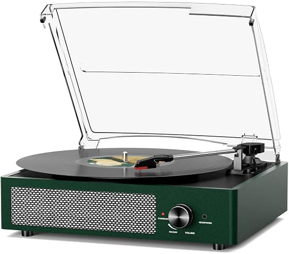Record Player Bluetooth Turntable with Built-in Speakers & 3 Speed 3 Size Portable Retro Vinyl Record Player for Entertainment and Home Decoration Emerald Green - Image 1