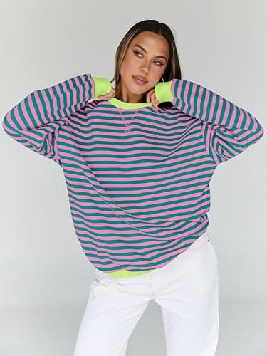 Trendy Queen Oversized Sweatshirt for Women 2025 Fall Crewneck Striped Long Sleeve Shirts Hoodies Cute Top Y2K Outfits thumbnail 3