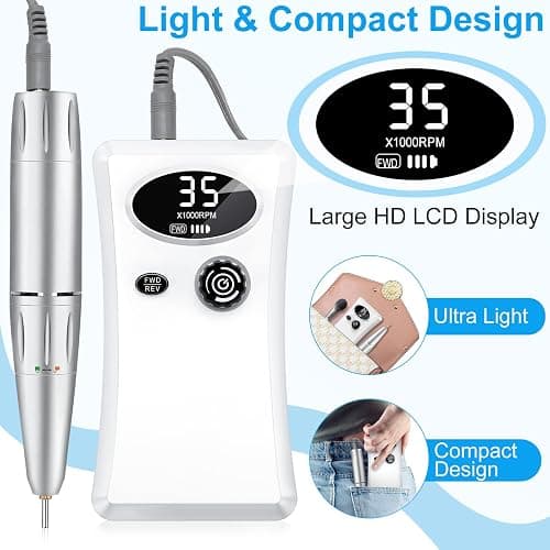 Electric Nail Drill, Urbuti 35000RPM Professional Nail Drill Machine, Portable Rechargeable File Machine Set for Acrylic Gel Nails, Manicure Pedicure Tools for Home and Salon Use(White) thumbnail 7