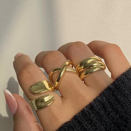 YEEZII Chunky Gold Rings for Women Non Tarnish, 18K Gold Plated Stackable Thumb Ring, Statement Women Rings Set thumbnail 3