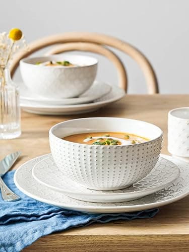 LE TAUCI Plates and Bowls Sets for 4, 12 Piece Ceramic Dinnerware Sets, Modern Stoneware Kitchen Dish Set, Chip Resistant, Microwave & Dishwasher Safe, Embossed, Arctic White thumbnail 2