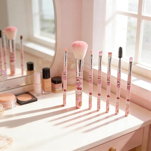 Kawaii Cat 7 PCS Makeup Brushes with A Mirror, Cartoon Cosmetic Makeup Brush Set Professional Tool Kit Set Brush Set Best Gift for Girl Women thumbnail 3
