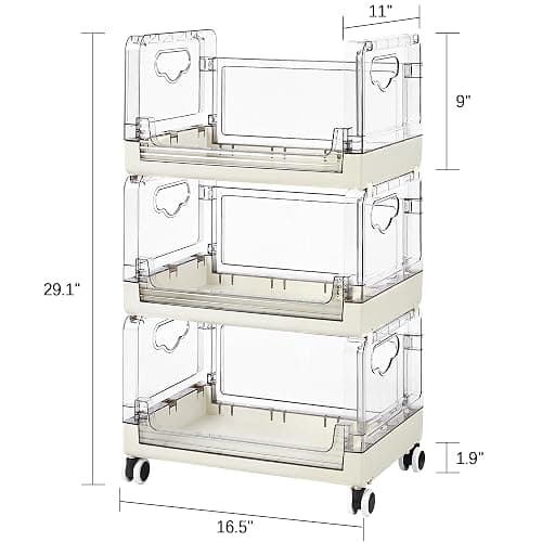 VECELO 3-Tier Fruit and Vegetable Basket, Stackable Kitchen Storage Organization with Wheels, Plastic Rolling Cart with Handles, Wide Open for Kitchen, Pantry, Living Room thumbnail 3
