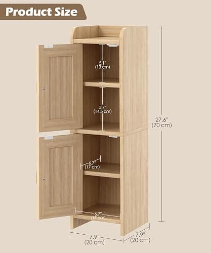 Akxomel Rattan Small Bathroom Cabinet with 2 Doors, 7.9''D x 7.9''W Narrow Toilet Paper Storage Cabinet, Bathroom Organizer for Small Spaces, Wooden Slim Corner Unit with Adjustable Shelf, Natural Oak thumbnail 2