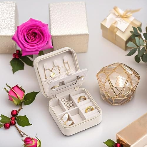 Vlando Small Travel Jewelry Box Organizer - Mirrored Carry-on Jewelries Necklaces Rings Earrings Necklace Storage Case, Beige thumbnail 7