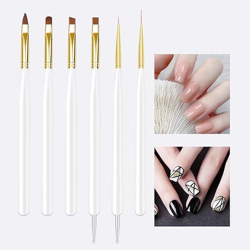 ZEOHBETY Nail Art Brushes, 6Pcs Nail Art Painting Tools with Nail Art Fine Liner Brush, Nail Design Painting Brushes Set, Builder Gel Brush, Nail Dotting Pen for Gel Polish Manicure Salon DIY, White thumbnail 4