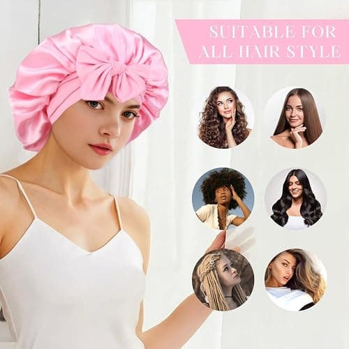 Silk Double Layer Satin Hair Bonnet with Elastic Tie Band for Curly Hair - Adjustable, Pink thumbnail 4