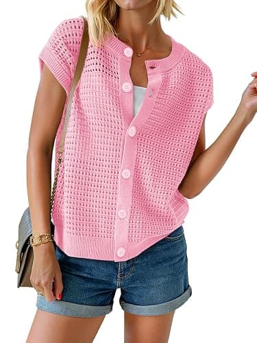 Saodimallsu Womens Short Cap Sleeve Sweater Vest Crochet Button Down Cardigans Crew Neck Summer Knit Tops - Image 1