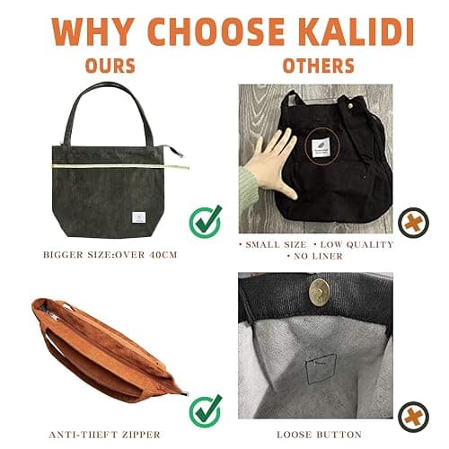 KALIDI Women Corduroy Tote Bag Zipper Casual Tote's Handbag Big Capacity Shoulder Bag with Pockets thumbnail 4