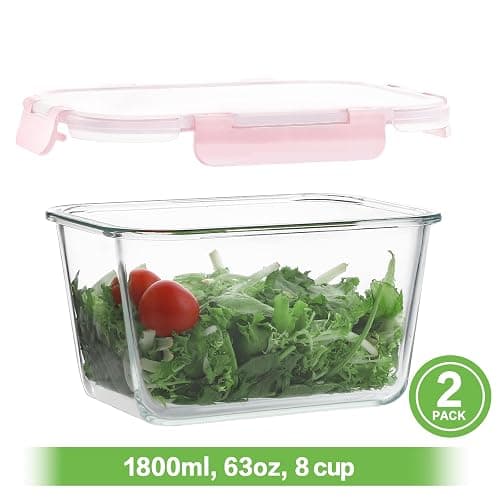 HOMBERKING 4 Pieces 63oz/8cup Large Glass Food Storage Containers with Lids, Meal Prep Containers, Airtight Bento Boxes with Leak Proof Locking (2 Containers + 2 Lids), Microwave, Oven Safe-Pink thumbnail 3