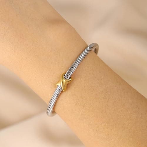 evoklo Cable Bracelets for Women Cuff Bracelets Two Tone Bracelets for Women Mixed Metal Bracelet Designer Dupes Gold and Silver Bracelet Designer Jewelry - 03-X thumbnail 4