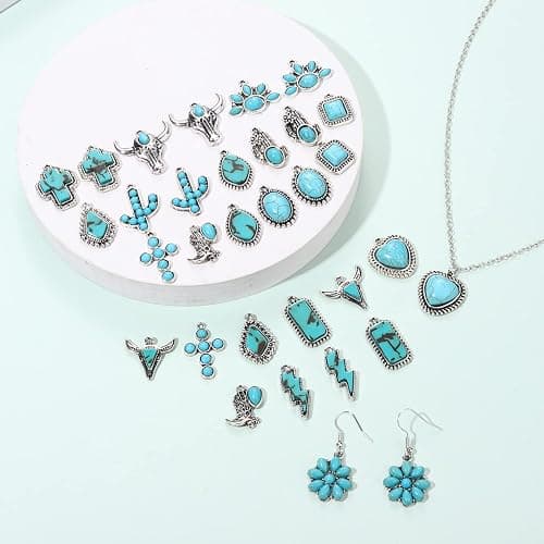 NVENF 32PCS Western Charms for Jewelry Making, Synthetic Turquoise Vintage Cactus Heart Flower Lightning Cowboy Boot Pendant for Bracelet Necklace Earring DIY Crafts thumbnail 4