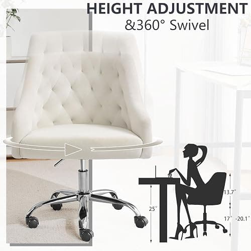 MOJAY Velvet Office Swivel Chair, Vanity Fabric Desk Pretty Fancy Gold Office Chairs for Girls, 360°Swivel Height Adjustable Reception Chair (White) thumbnail 5