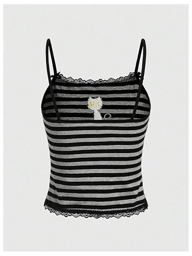Floerns Women's Sleeveless Cat Embroidery Striped Scoop Neck Contrast Lace Cami Tops thumbnail 2