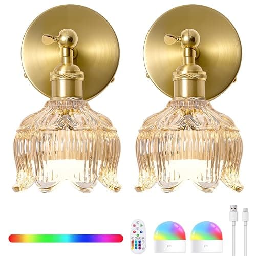 Vintage Battery Operated Wall Sconces: Set of 2 Rechargeable Wireless Decor | 5000mAh Cordless Dimmable Lights Remote Control, Antique Brass Powered Sconce, Cognac Flower Glass Light for Bedroom Bedside - Image 1