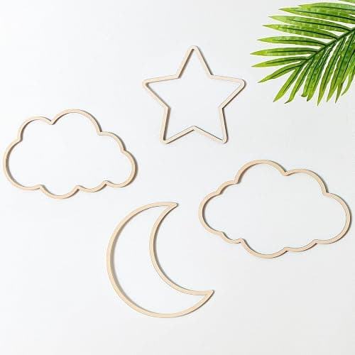 Kathfly4 Pieces Boho Nursery Cloud Star Wall Decor Wooden Babyroom Moon Rattan Wall Decor Wooden Rainbow for Children Baby Kids Boys Girls Bedroom Nursery Pendant(Cloud Moon Star) - Image 1