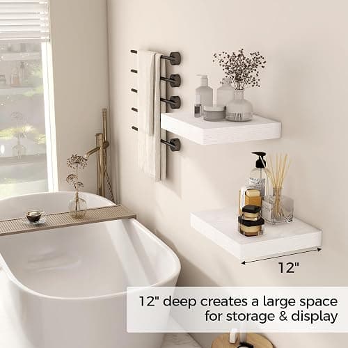 Fun Memories 12 Inch Floating Shelf, Rustic Wood Wall Shelves for Wall Decor & Storage, 12 x 12 Floating Shelf for Living Room, Bathroom, Bedroom, White, Set of 2 thumbnail 4