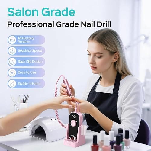 COSLUS Professional Rechargeable Electric Nail Drill 40000 RPM, Portable Nail File with Storage Stand for Acrylic Gel Polishing Removing - Easy to Use for Women, Manicure at Home DIY or Salon, Pink thumbnail 5