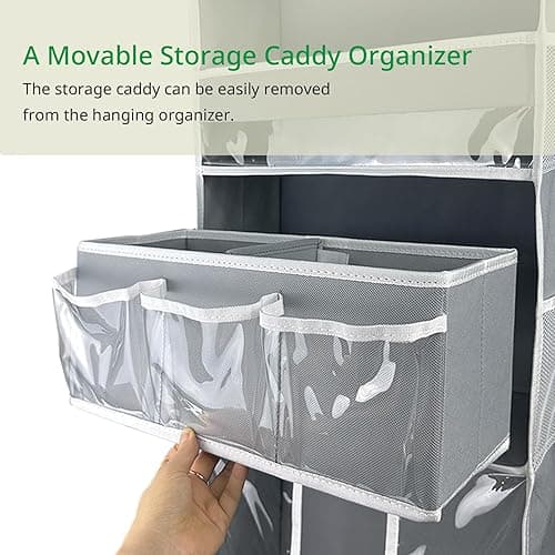 Door Hanging Storage Organizer,with 3 Bins 1 Movable Baby Diaper Caddy,1 Large capacity diaper stacking storage Organizer,10 Side Pockets ,Bedroom Door Storage for Nursery Baby Essentials.Grey 1 Pack. - grey thumbnail 4