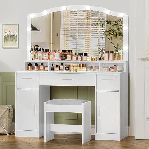 usikey Large Vanity with Mirror and Light, Dressing Table Set with 3 Drawers, 2 Cabinets and 10 LED Bulbs Dresser with Stool for Women,Bedroom,Bathroom, White thumbnail 3
