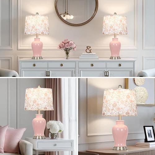 Ruzectt Pink Ceramic Table Lamp with Flower Lampshade, 23" Cute Bedroom Lamp with Ginger Jar Design, Modern Living Room Lamps Set 2, Elegant Bedside Lamps for Nightstand End Table Home Decor thumbnail 7