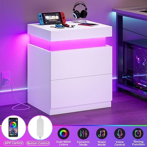 ADORNEVE White Modern Bedside Table with 2 Drawers | Nightstand with Charging Station and LED Lights,Night Stand with Sliding Top,Side Table for Bedroom thumbnail 4