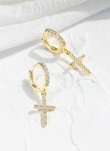 14K Gold Plated Drop Dangle Cross Hoop Earrings Trendy Gold Cross Earrings for Women Small CZ Huggie Hoops Dangling Diamond Cross Earrings for Men Hypoallergenic Lightweight thumbnail 6