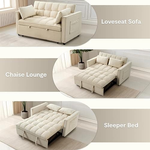 FLEXISPOT XCT4 Pull Out Couch, 3-in-1 Sleeper Sofa Bed with Adjustable Backrest, Loveseat Sleeper with Pillows & Side Pockets, Convertible Futon Couch for Small Spaces Guest Room Apartment, Cream thumbnail 3
