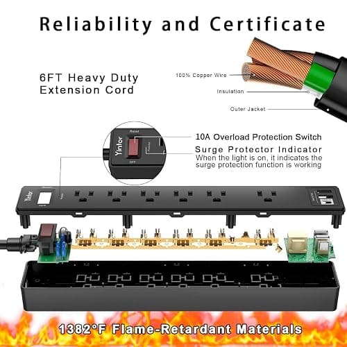 6Ft Power Strip Surge Protector - Yintar Extension Cord with 6 AC Outlets and 3 USB Ports for for Home, Office, Dorm Essentials, 1680 Joules, ETL Listed, (Black) thumbnail 6