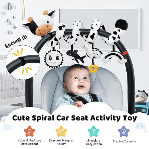 Spiral Car Seat Baby Toys 0-6 Months, Infant Carseat High Contrast Sensory Toys Hanging Stroller Accessories, Newborn Shower Gifts for Baby Boys Essentials Stuff, Cute Black and White Cow thumbnail 8