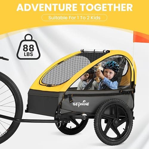 Sepnine Kids Bike Trailer, Suitable for 1 to 2 Kids, 12+ Months, Quick Attach to Bike, Foldable, with 5-Point Harness and Storage Bags - BT609-Yellow - Double Seat thumbnail 2