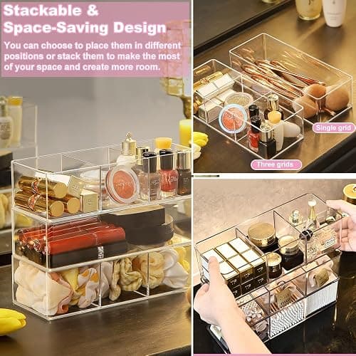 KARBAG Set of 2 Cosmetic Drawer Organiser, 3-Compartment & 1-Compartment Acrylic Makeup Organizer Stackable Organiser Makeup Vanity Organizer Trays Storage for Eyeshadow, Lipstick thumbnail 6