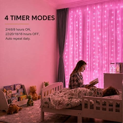 ZSJWL 300 LED Curtain Fairy Lights with Remote, 9.8 × 9.8 Ft, USB Plug in | 8 Modes, Waterproof, Twinkle Silver Wire, String Lights for Bedroom, Windows, Christmas, Wedding and Party Decor, Pink thumbnail 3