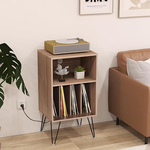 COSTWAY Meuble Tourne-Disque Vinyle avec Prise, Support Tourne-Disque pour Albums avec Station de Charge, 2 Prises, 1 USB,1 Type-C, Pieds en Métal, Table d’Appoint pour Salon Chambre (Noyer) thumbnail 8